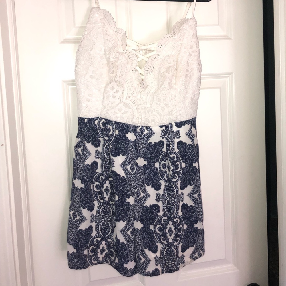 Blue and white lacy romper